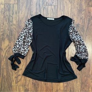 Black Leopard Tie Sleeve Blouse